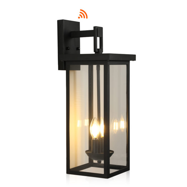 1-Pack 22.0" Outdoor Wall Lantern with Dusk to Dawn Sensor, Matte Black Finish, Clear Glass Panels, Weatherproof Exterior Light for Porch, Patio, Garage, 2-Light Design (Bulb Not Included)