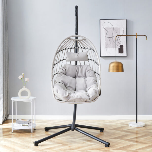 GRHeavy-Duty Iron Hanging Chair with Wicker Weave – Single Person Swing for Indoor/Outdoor (Gray)