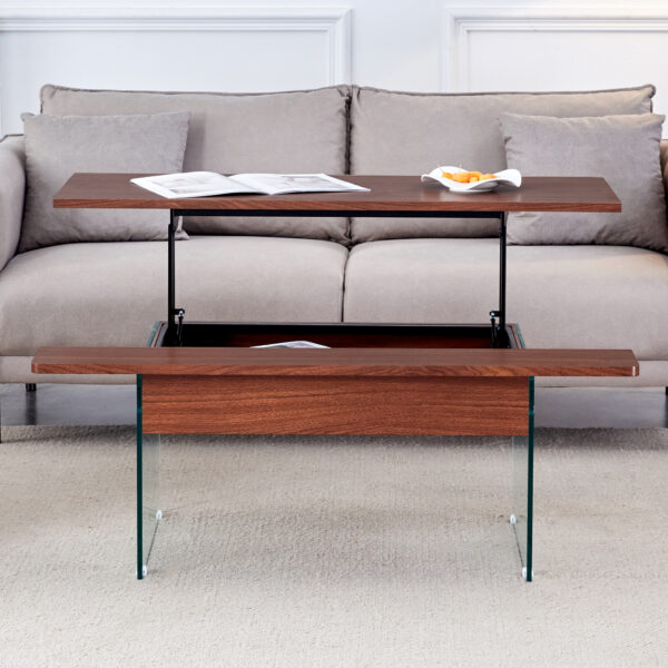 e80ca7b1c0fa4e57b5142a0e04a39b45_f99e0136d0c84f89add55d5a213c1242 Multifunctional Lift Top Coffee Table -Dark Wood Color Grain Sticker, Essential for Modern Homes.Tempered Glass Legs,Lift Top Feature.Perfectly Fitting Into Living Rooms And Office.