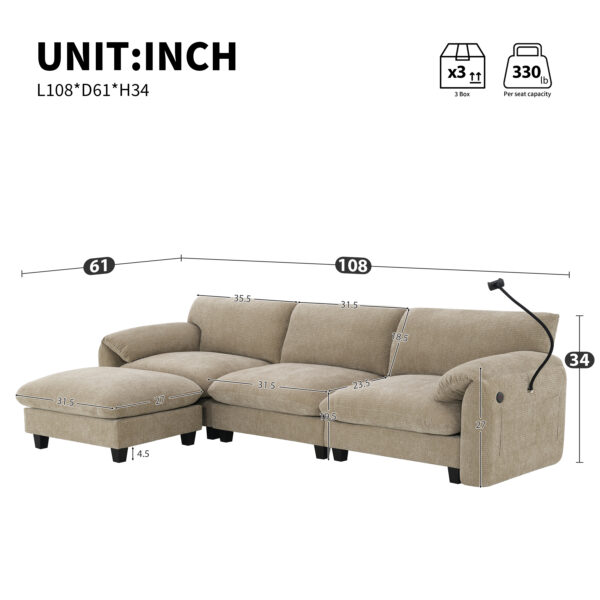 [VIDEO Provided] 108" Modular Sectional Sofa, L-Shape with 31.5" Extra-Wide Seat Cushion, USB and Type-C Charger, Phone Holder and 2 Side Storage Pockets, Free Movement Ottoman, Striped Chenille