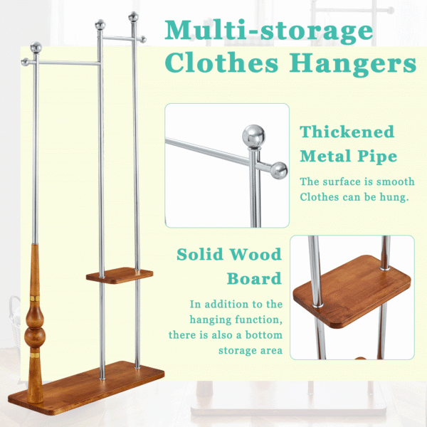 70" Industrial Coat Rack, Solid Wood & Silver Stainless Steel Clothing Rack, Double Layer Hanger for Coats, Hats, Bags, Shoes, Vintage Wood Grain (34.6" Wide)