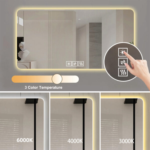48*24in  LED bathroom mirror, corrosion-resistant, three-color dimmable, backlit mirror with one-touch demist function