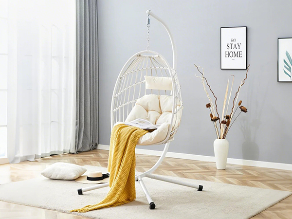 Heavy-Duty Iron Hanging Chair with Wicker Weave – Single Person Swing for Indoor/Outdoor (White)