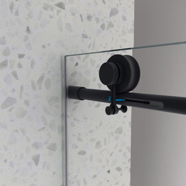 ed35421c885b46c293ca7689c937f13a_ecd029191fb7ea77e0f0e91801a49379 4876 Matte Black frameless one fixed and one shifted Shower Door, 70MM 304 SUS large pulleys with adjustable soft closing function,with nano easy cleaning and stick explosion-proof menbrance