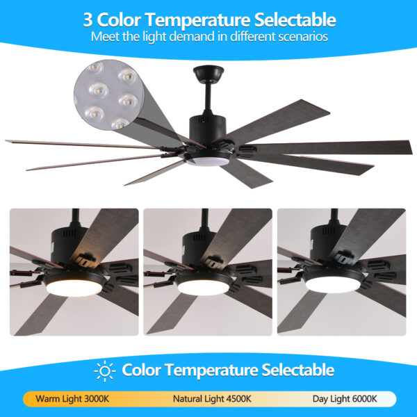 72" Walnut LED Ceiling Fan Light with 8 Wooden Blades, Remote Control, Adjustable Color Temperature for Living Room, Bedroom, or Dining Room (Silent/6-Speed/Reversible/DC Motor)