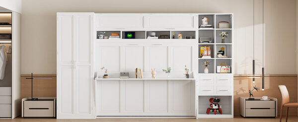 Queen Size Murphy Bed Wall Bed with Closet , Drawers and Shelves, White