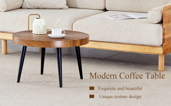 ef2adfe3d3d6406895556a821106c4ad_2b6c900e280149bced453a87d2bfd381 Natural Wood Grain Texture Round Coffee Table - Diameter 23.6 Inches.Exquisite Suction Molding Process,Natural Wood Grain Texture,Black Sprayed Metal Leg.