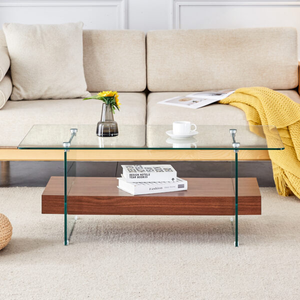 ef51340cbfea4701a523586291abc357_f2122f6783967b9cc72d1a4a537f9de1 43.3 Inch Modern Two-Tier Coffee Table - An Elegant Combination of Clear Glass and Dark Wood Texture Sticker.It can be used not only as a coffee table but also as a side table or display stand.