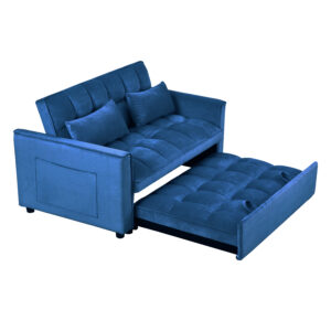 Sofa bed demonstrating its three adjustable backrest positions and the utility of its side storage pockets
