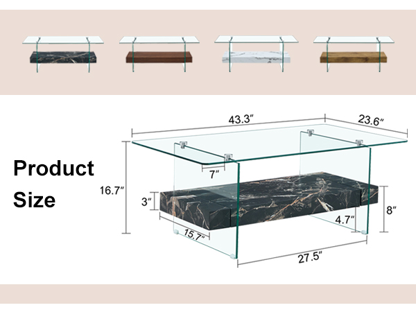 f068fc49b21546f7a97c02a76ee24777_cae6b24cd8d706ce6b2524213a9ec32b 43.3 Inch Modern Two-Tier Coffee Table - An Elegant Combination of Clear Glass and Black Marble Pattern.It can be used not only as a coffee table but also as a side table or display stand.