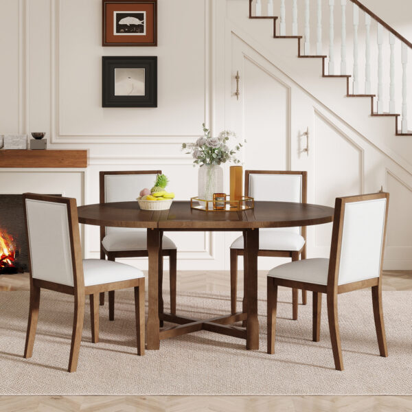 TREXM 5-Piece Extendable Dining Table Set for 4, Round Dining Table for 4 with Upholstered Chairs, Farmhouse Kitchen Table Set with Removable Leaf for Dining Room and Kitchen (Brown)