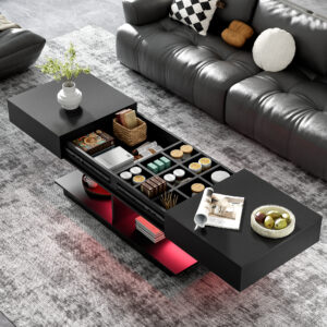 U-Can 41.3''-76.7'' Extendable Coffee Table, Efficient Central Coffee Table with Multiple Storage Compartments, Multifunctional Adjustable Coffee Table with Hidden Storage Space for Living Room