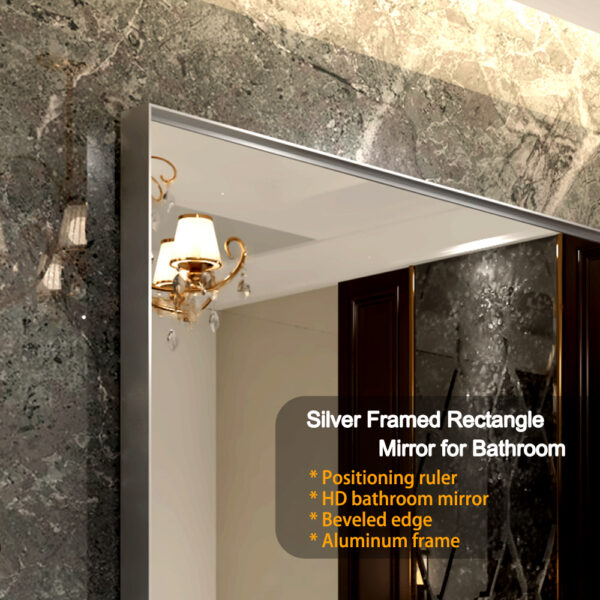 36x24inch Glossy Brushed Silver Framed Mirror For Bathroom Rectangular Wall Bathroom Mirror Metal Frame Farmhouse Mirror Large Decorative Square Corner Rectangle Mirror(Horizontal & Vertical)