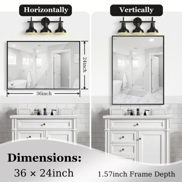 36x24inch Glossy Brushed Silver Framed Mirror For Bathroom Rectangular Wall Bathroom Mirror Metal Frame Farmhouse Mirror Large Decorative Square Corner Rectangle Mirror(Horizontal & Vertical)