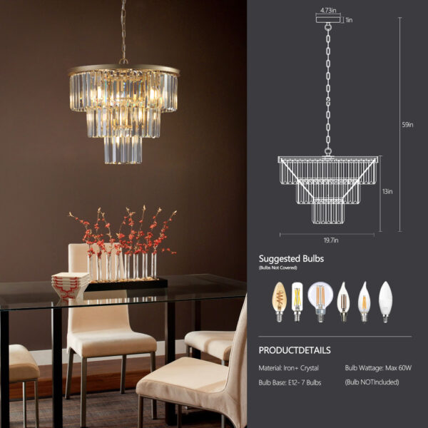 (Same as W1340P143192/L5007-500-G) 20" Luxury 3-Tier Crystal Chandelier, 7-Light Gold Frame Pendant Light, Elegant Ceiling Lighting for Living Room, Dining Room, Bedroom (No Bulbs)