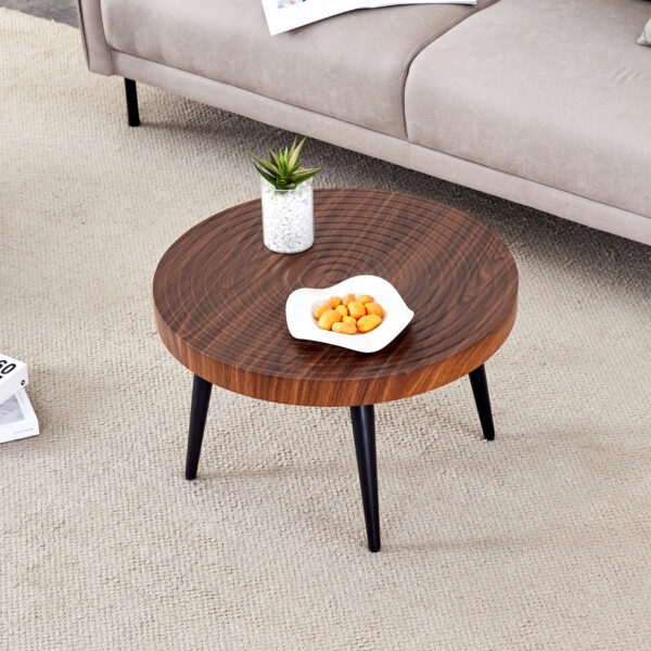 f2503813ee3c4fa7b8cd14a9f1e0e86e_092645a5684aeac765f82edfffa6a0e5 Modern Round Coffee Table - Annular Texture, Durable and Robust With a Diameter of 23.6 inches.Exquisite Suction Molding Process,Walnut Color Pattern Design,Black Sprayed Metal Leg.