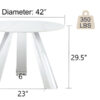 A 42-inch stainless steel leg round table with a marble top is suitable for use by four or six people
