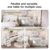Velvet Upholstered Vanity Desk with Chair, Vanity Set with 5 Big Drawers, Makeup Table with Padded Chair, Marble-Look Sticker Top Dressing Table with Left/Right Adjustable Storage, Beige