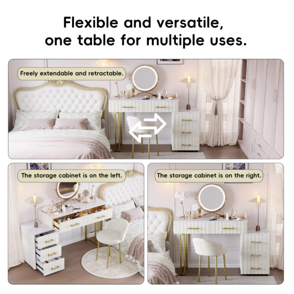 Velvet Upholstered Vanity Desk with Chair, Vanity Set with 5 Big Drawers, Makeup Table with Padded Chair, Marble-Look Sticker Top Dressing Table with Left/Right Adjustable Storage, Beige