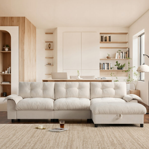 [VIDEO]104*60" Sectional Sofa, L-Shape with Multifunctional Armrest, Dual-Port Charging, Cup Holder, Side Storage Pockets, Movable Storage Ottoman, Unique Tufted Design, Soft Cushion, Chenille,3colors