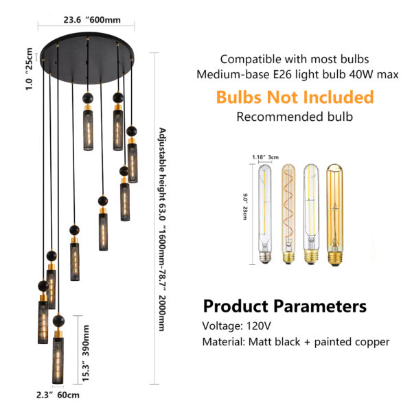 24" Modern Industrial Multi-Light Pendant Chandelier - 9-Light Black and Gold Adjustable Ceiling Light Fixture with Mesh Cylinder Shades for Living Room, Dining Room, or Staircase (Bulb Not Included)