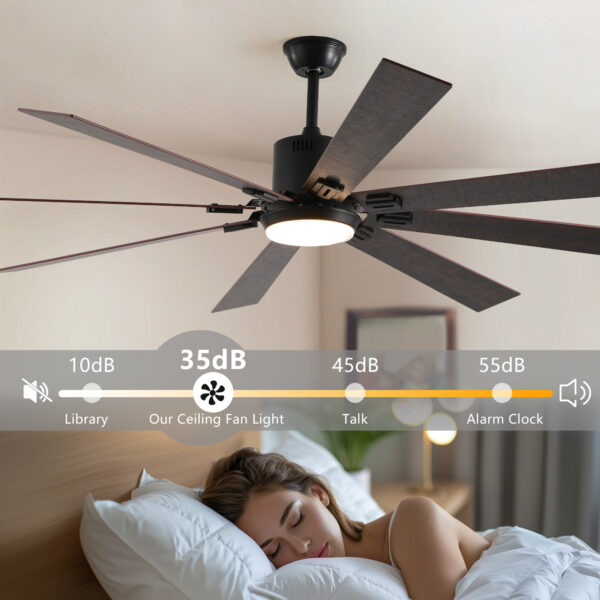 72" Walnut LED Ceiling Fan Light with 8 Wooden Blades, Remote Control, Adjustable Color Temperature for Living Room, Bedroom, or Dining Room (Silent/6-Speed/Reversible/DC Motor)