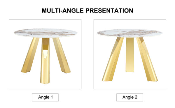 f3ebd0ccc08a4f00a9ef07b8e6fc0aa9_29c5f406896bcf5dde41f5474428101f A 42-inch stainless steel white pattern burning stone round table with gold legs Round table suitable for 2, 4 or 6 people