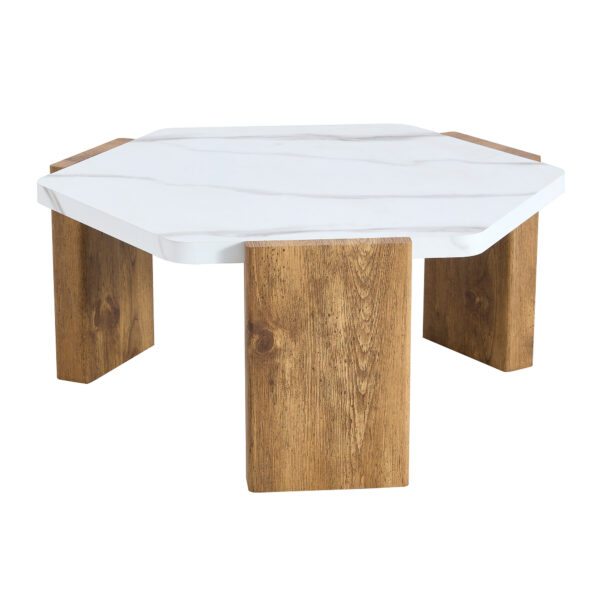 31-inch white marble-textured pentagonal coffee table - wooden triangular base, with a load-bearing capacity of 250 pounds, sturdy and durable, suitable for use in living rooms, cafes,.W1151138529