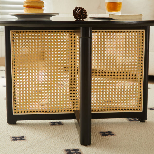 f4611544eb5e49b1b8c06e1f6f6c4d3e_8702ee5e77eac509abab835097b0649b Mid-century wooden coffee table with PE cane stand, 31.5-inch round solid wood Bohemian style coffee table, unique central cocktail table for living rooms, apartments and offices