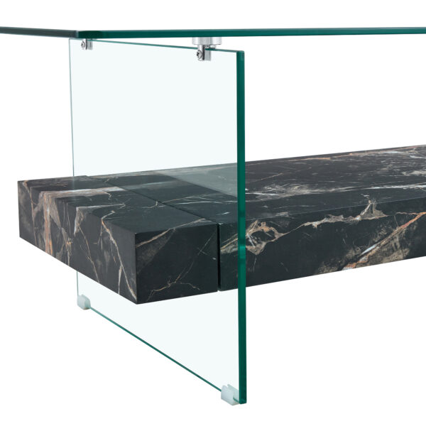 f4702fab5a6e41c5a607c0fda8a3f9be_0505788ad79dee6542db97b11dc72512 43.3 Inch Modern Two-Tier Coffee Table - An Elegant Combination of Clear Glass and Black Marble Pattern.It can be used not only as a coffee table but also as a side table or display stand.