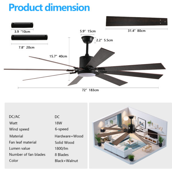 72" Walnut LED Ceiling Fan Light with 8 Wooden Blades, Remote Control, Adjustable Color Temperature for Living Room, Bedroom, or Dining Room (Silent/6-Speed/Reversible/DC Motor)