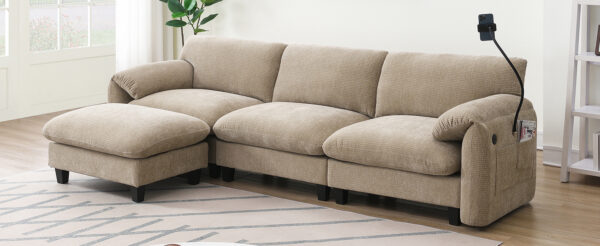[VIDEO Provided] 108" Modular Sectional Sofa, L-Shape with 31.5" Extra-Wide Seat Cushion, USB and Type-C Charger, Phone Holder and 2 Side Storage Pockets, Free Movement Ottoman, Striped Chenille