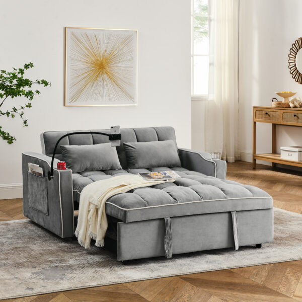 55.51 inch versatile foldable sofa bed in 3 lengths, modern sofa sofa sofa velvet pull-out bed, adjustable back and with USB port and ashtray and swivel phone stand (Grey)