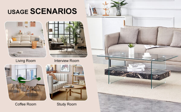 f548183e7e8046739d7b85bcd641fef6_0051e091eacb5b400d60dae705b3cadc 43.3 Inch Modern Two-Tier Coffee Table - An Elegant Combination of Clear Glass and Black Marble Pattern.It can be used not only as a coffee table but also as a side table or display stand.