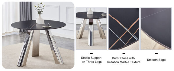 f5e2fbef66e74dc48760e3aac28311e2_c09a1288fd9574f3f84eff8b34b6d84c A 42-inch burn stone round table with stainless steel legs can accommodate 4 or 6 diners