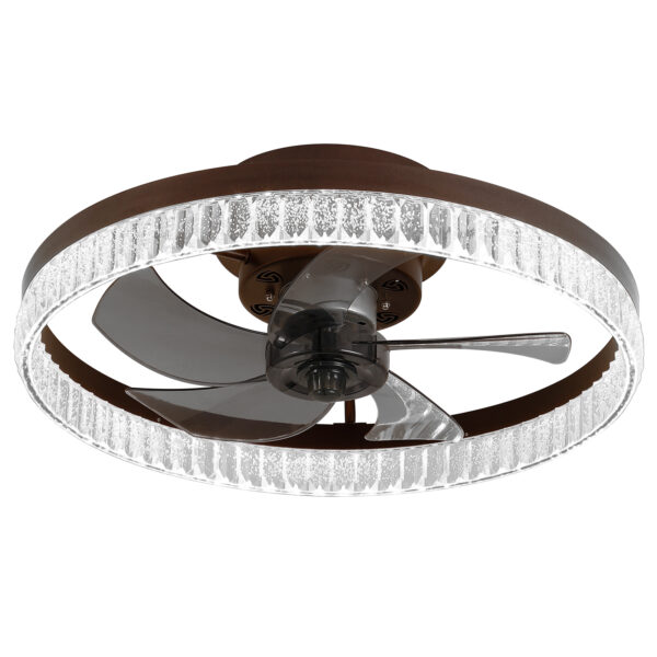 20" Brown Ceiling Fan with LED Light – Modern Flush Mount Fan Light for Bedroom, Living Room, and Home Décor with Crystal Ring Design