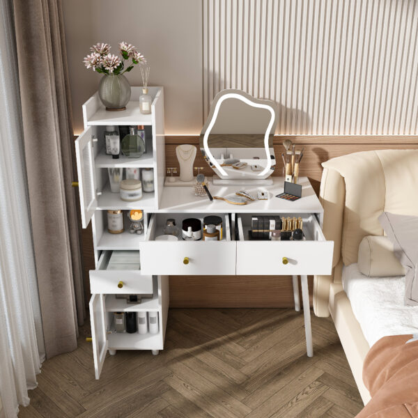 f6fc368b5c174d9ca07ec5a78453d26e_17299169befa54c42780a76c56698399 Vanity Dressing Table with LED Mirror & Storage – White Makeup Desk Features 3 Drawers, 2 Open Shelves & 4 Hidden Cabinets (Transparent Doors) - 3 Adjustable Lighting Modes - Ideal for Bedroom or Livi