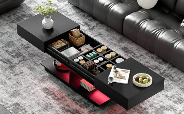 U-Can 41.3''-76.7'' Extendable Coffee Table, Efficient Central Coffee Table with Multiple Storage Compartments, Multifunctional Adjustable Coffee Table with Hidden Storage Space for Living Room