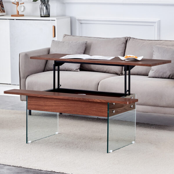 f78eff75e7ed4a8d96ea7aa7cf466d72_b3854ee833dd0c0939db9d98cc86f6c6 Multifunctional Lift Top Coffee Table -Dark Wood Color Grain Sticker, Essential for Modern Homes.Tempered Glass Legs,Lift Top Feature.Perfectly Fitting Into Living Rooms And Office.