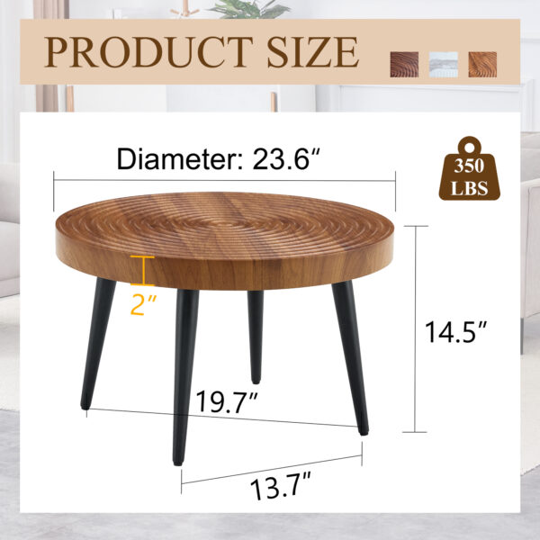f79b9764f41b4820b6eb4e7bd9d2db43_1d8685c94cc0fa3797d7afa4b3b82432 Natural Wood Grain Texture Round Coffee Table - Diameter 23.6 Inches.Exquisite Suction Molding Process,Natural Wood Grain Texture,Black Sprayed Metal Leg.