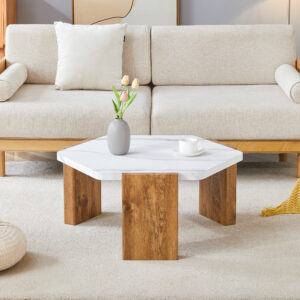 31-inch white marble-textured pentagonal coffee table - wooden triangular base, with a load-bearing capacity of 250 pounds, sturdy and durable, suitable for use in living rooms, cafes,.W1151138529