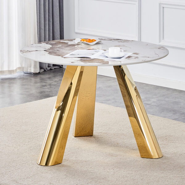 f7d2050456f046afa92d2a007dc5937d_563b7a1664ed4f000a4f776abe9a7709 A 42-inch stainless steel white pattern burning stone round table with gold legs Round table suitable for 2, 4 or 6 people