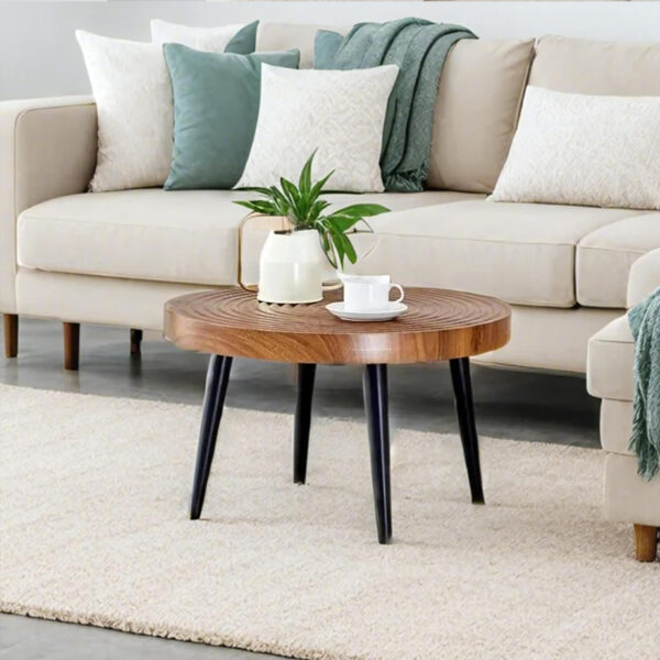 f7fac8b150aa4431bccdcb871069051e_7eb259bf04371b16f69cd298194522df Natural Wood Grain Texture Round Coffee Table - Diameter 23.6 Inches.Exquisite Suction Molding Process,Natural Wood Grain Texture,Black Sprayed Metal Leg.