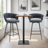 Two sets of rotating high-legged stools with breathable cotton and linen cushions, Dark gray seats paired with black spray-painted iron frames, suitable for both restaurants and bars