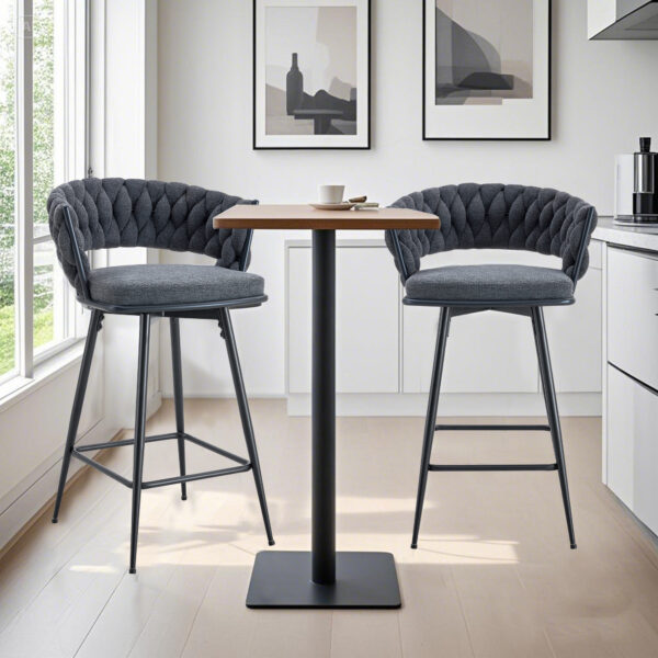 f7fc56c61d664a859e4baa7f16e47f51_4a9ce1422ad607ec0171dde6948843c9 Two sets of rotating high-legged stools with breathable cotton and linen cushions, Dark gray seats paired with black spray-painted iron frames, suitable for both restaurants and bars