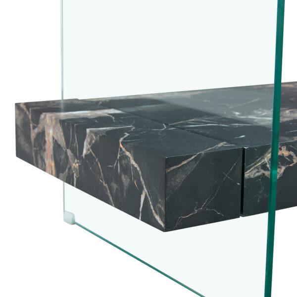 f860e19643a54f93b221497af968c160_ed772cdccfb65800e09d107300fd26cb 43.3 Inch Modern Two-Tier Coffee Table - An Elegant Combination of Clear Glass and Black Marble Pattern.It can be used not only as a coffee table but also as a side table or display stand.