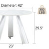 A 42-inch stainless steel leg round table with a marble top is suitable for use by four or six people