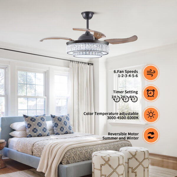 f89dfdc5a11a4c2283d4317768d3cf13_29954a51d120b9b949fdd0a139209c61 48" Contemporary Crystal LED Retractable Ceiling Fan with Light and Remote Control, 6-Speed Quiet Reversible DC Motor,4 Blades Modern Ceiling Fans for Kitchen Bedroom Dining Room Patio