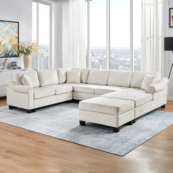 Sectional Sofa 111.8" U-shaped Sofa Chenille Upholstered Sofa Couch with Movable Storage Ottoman for Living Room, White