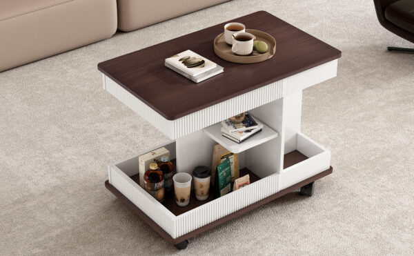 U-Can Adjustable End Table with Wheels, Modern Multifunctional Sofa Side Table with Lift-Top, 360°Rotating Top and Storage Space for Living Room, Small Space
